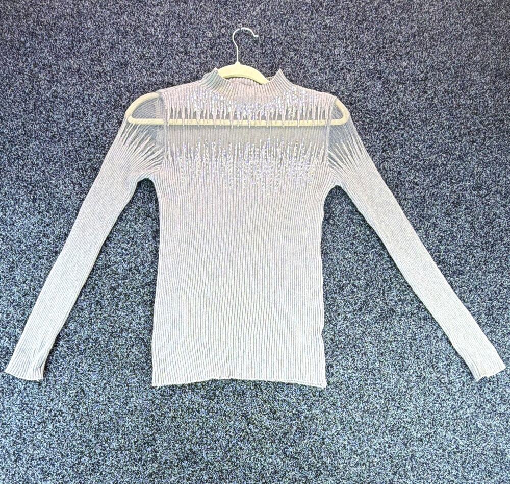TOP SECRET Women's Gray Ribbed Knit Mock Neck Rhinestone Sweater One Size